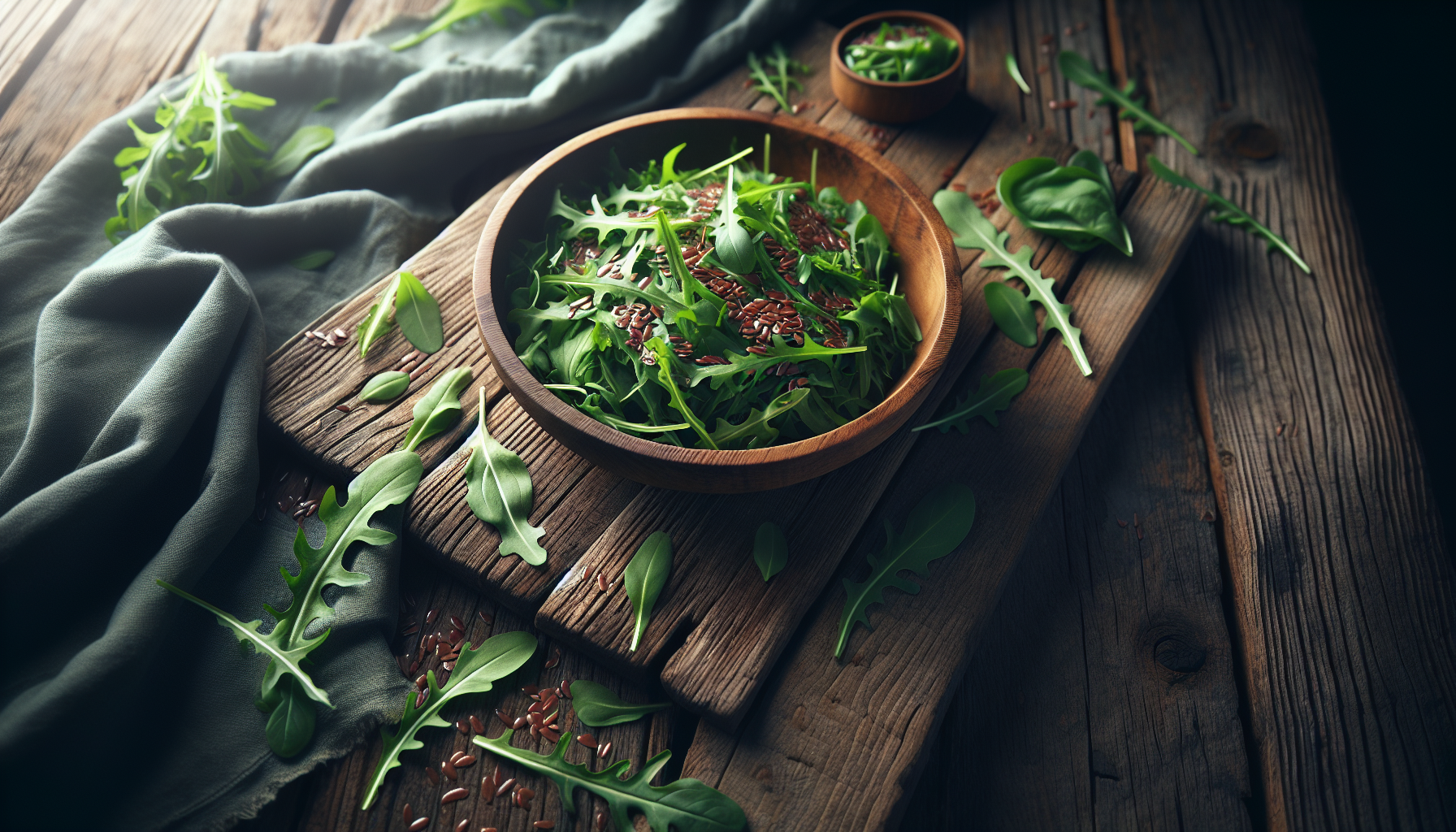 Madera rústica con ensalada crujiente de rúcula y lino