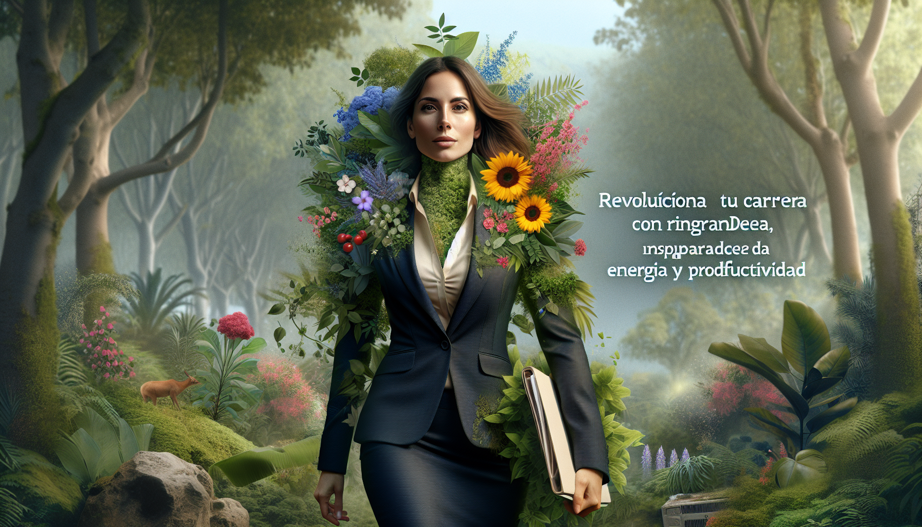 Mujer revolucionando su carrera rodeada de naturaleza