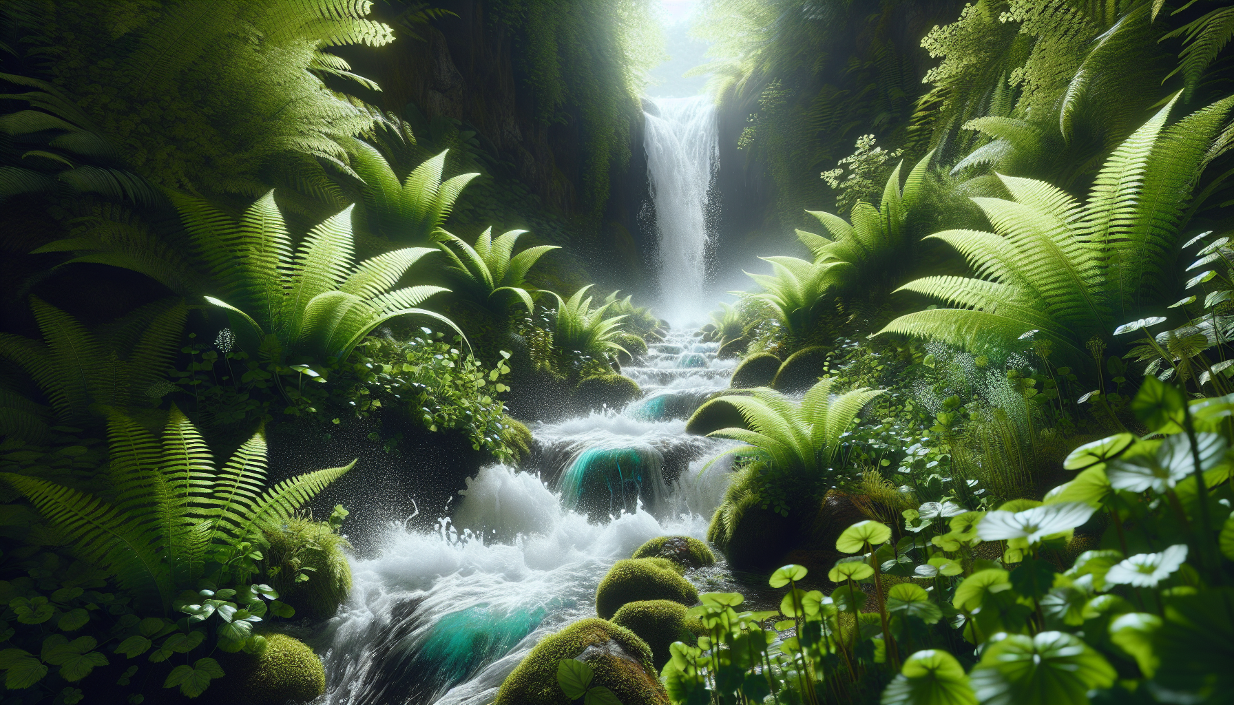Cascada enérgica cayendo entre helechos y menta acuática