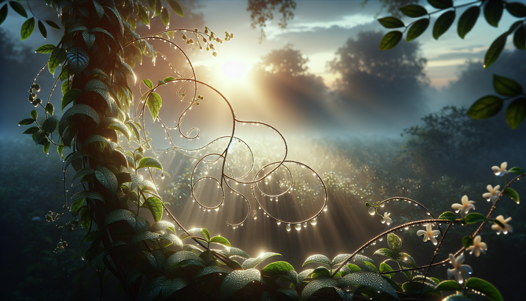 Rocío matutino brillando sobre trepadoras de jazmín