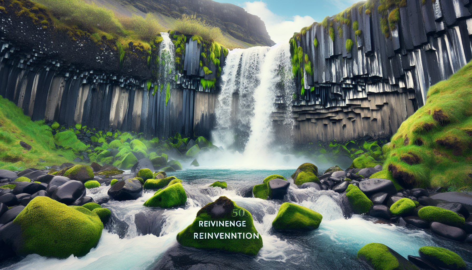 Cascada de agua glacial salpicando rocas basálticas cubiertas de musgo