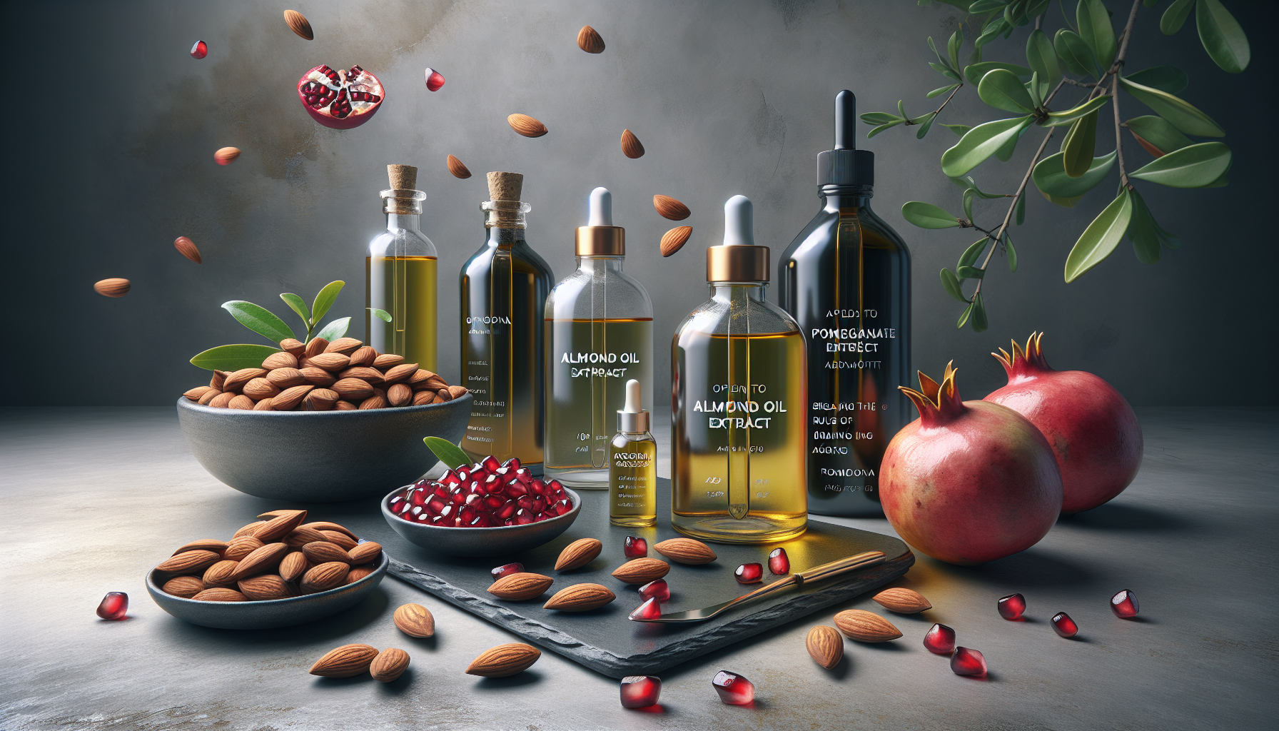 Frascos de aceite de almendra y extracto de granada sobre laja gris