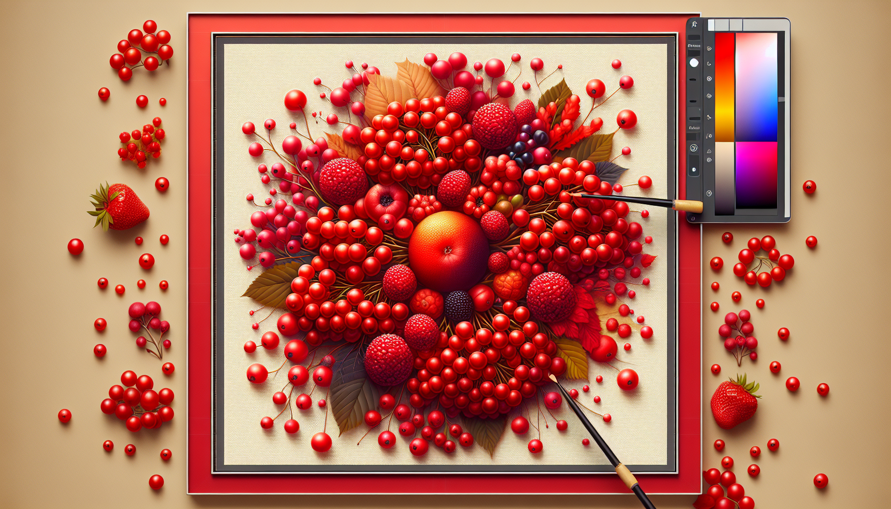 Colores de frutos rojos vibrantes sobre fondo crema de avena