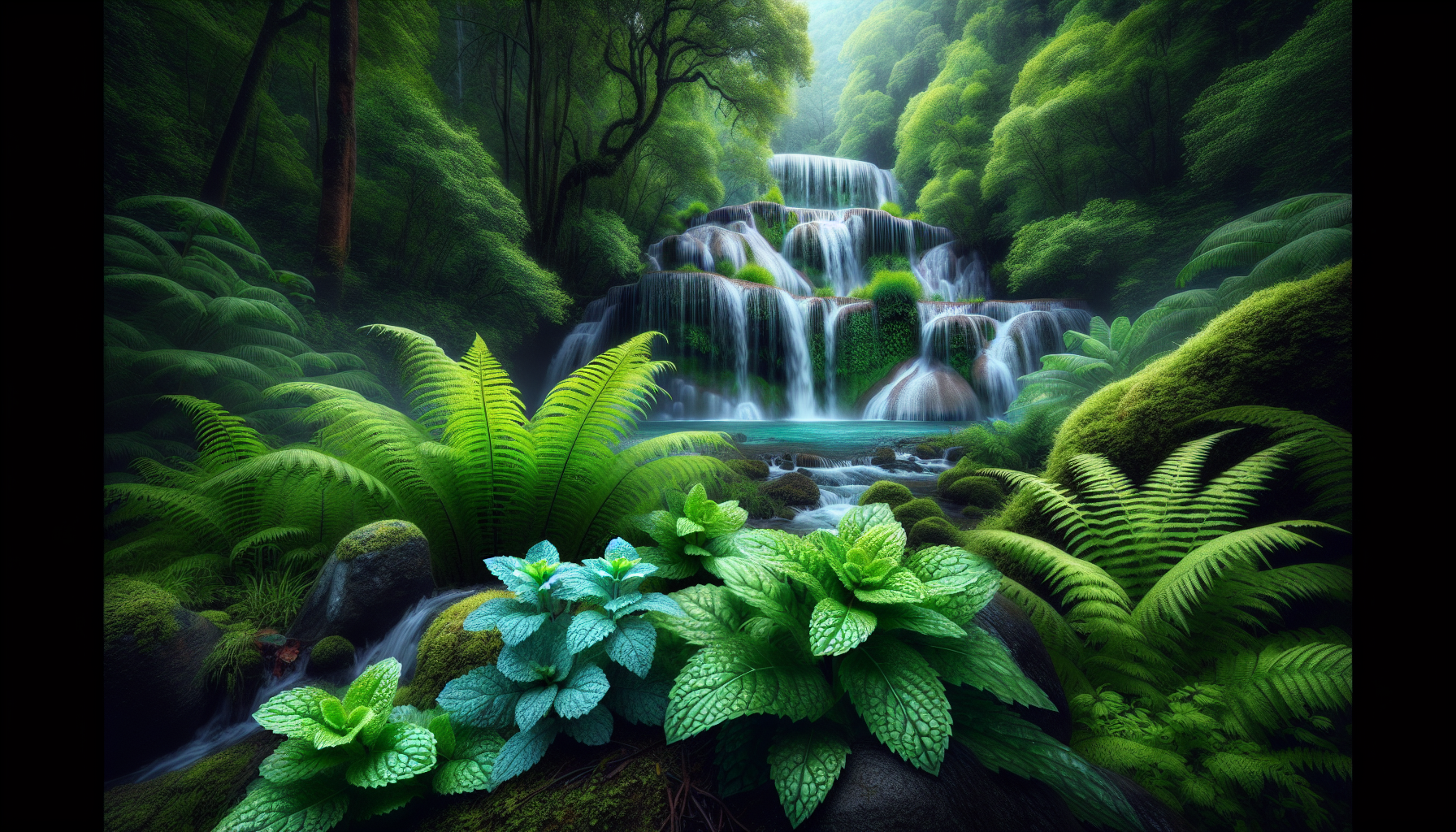 Cascada cristalina entre helechos y menta acuática
