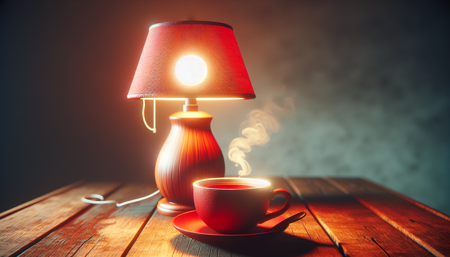 Taza de rooibos roja junto a lámpara de madera cálida