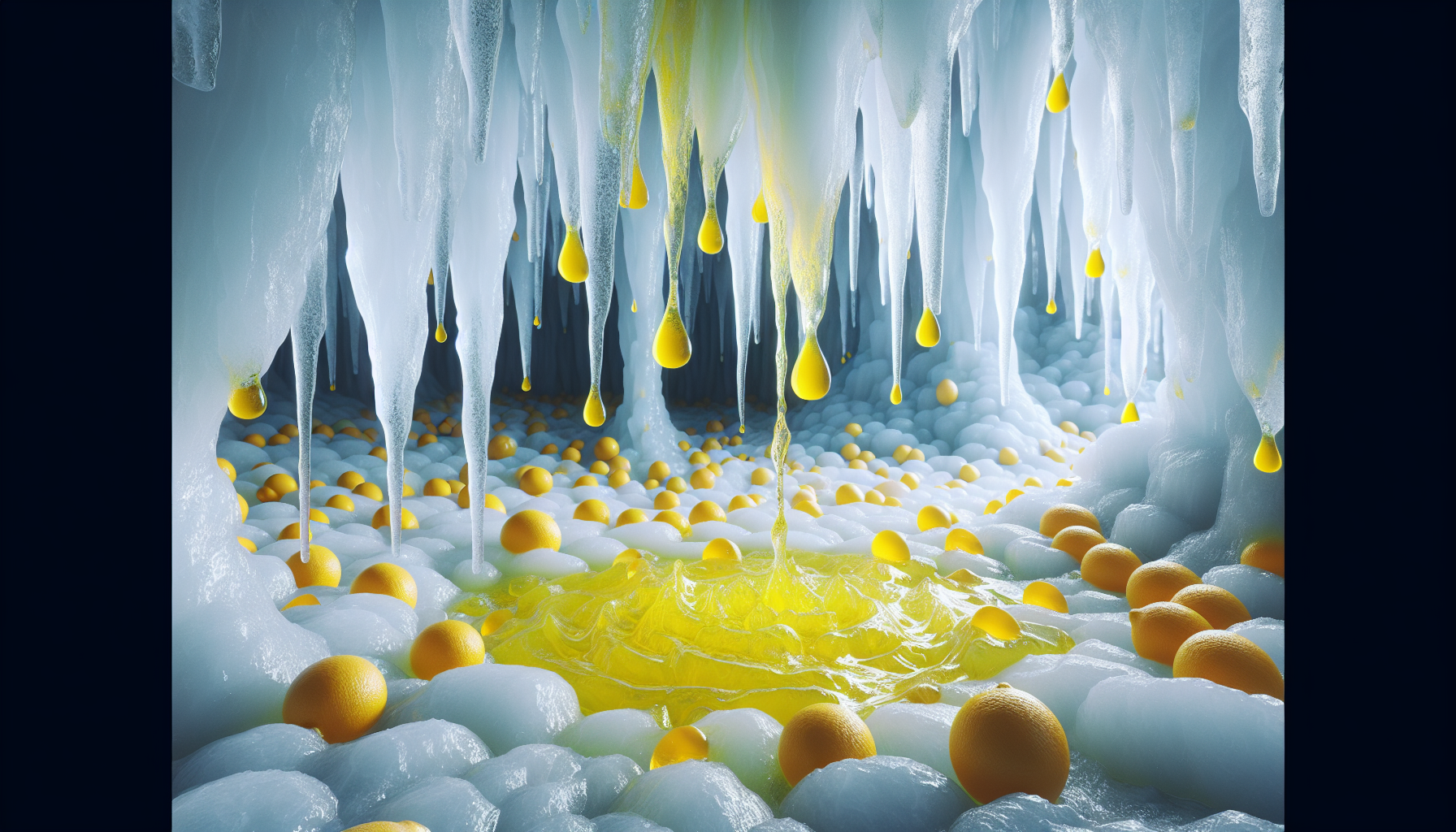 Estalactitas de hielo translúcido goteando esencia de limón