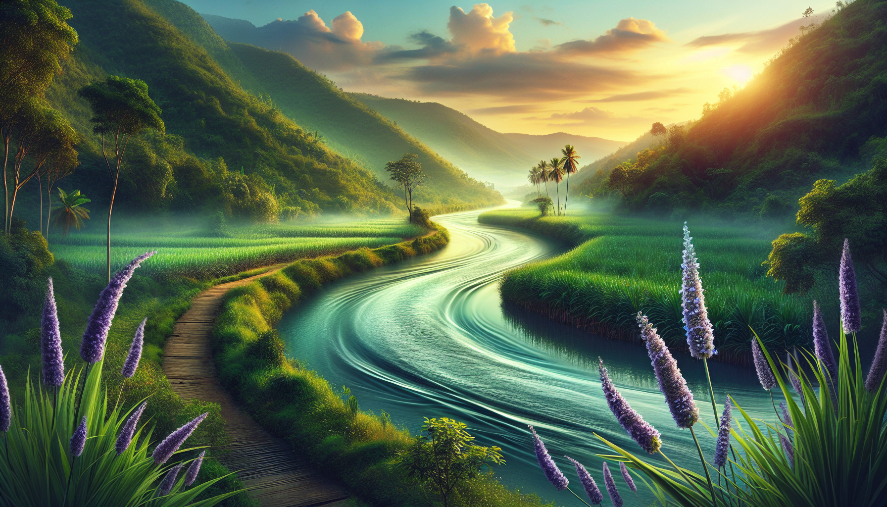 Río serpenteando entre cañaverales y aromas de verbena