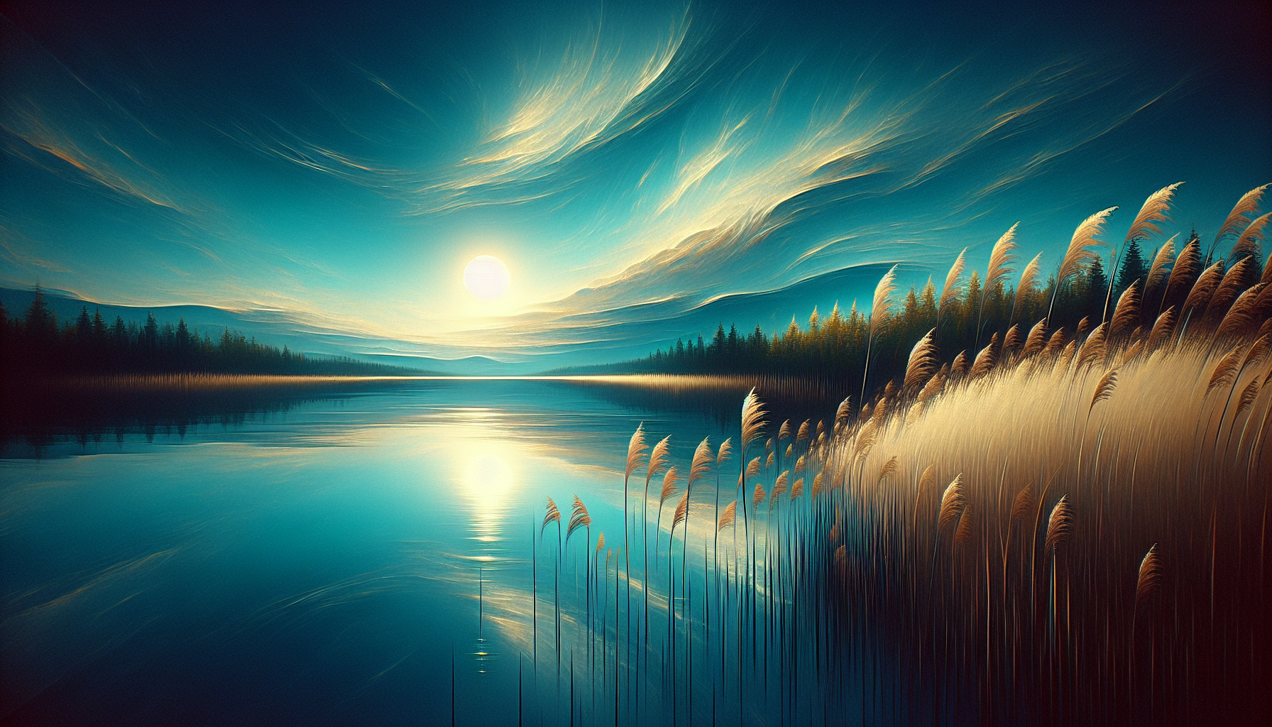 Reflejo de cielo azul en lago tranquilo rodeado de juncos