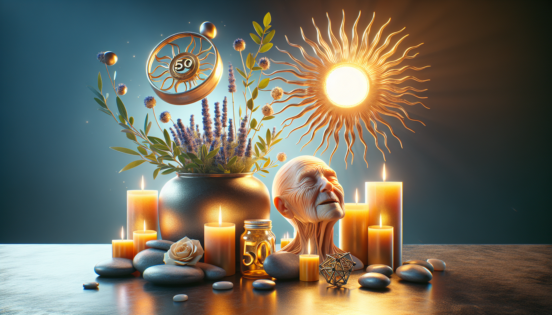 Velas de jara y mirto sobre superficie de piedra pulida