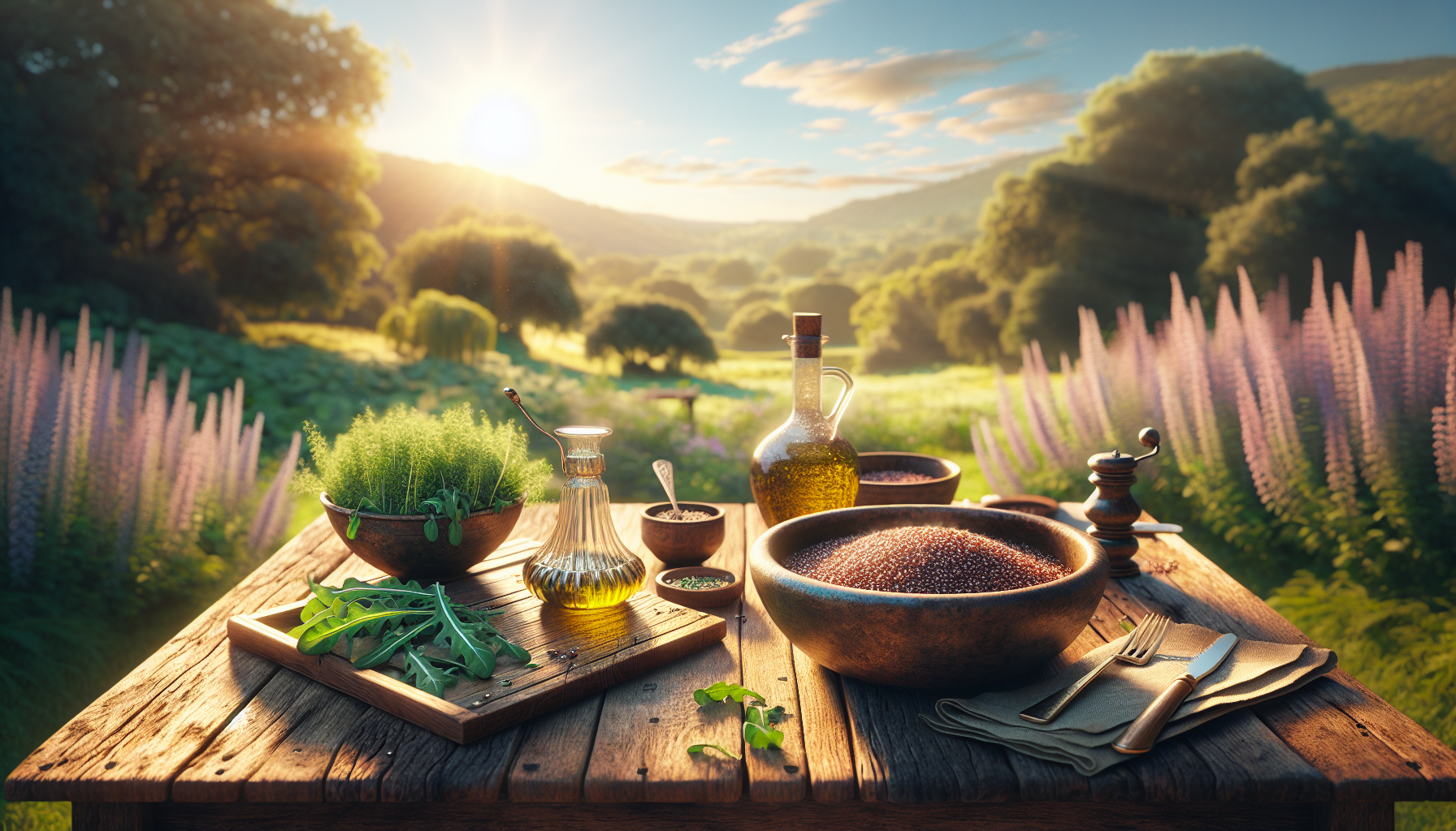 Mesa rústica con tazón de quinoa, rúcula y aceite de lino