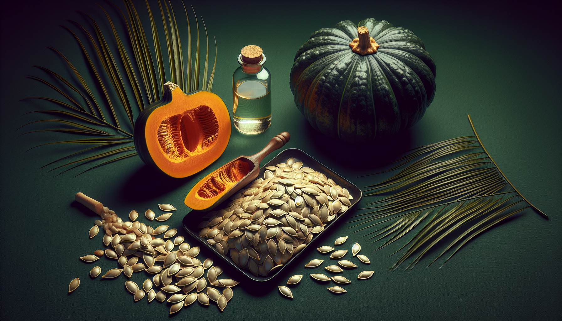 Semillas de calabaza y palmera en fondo verde oscuro