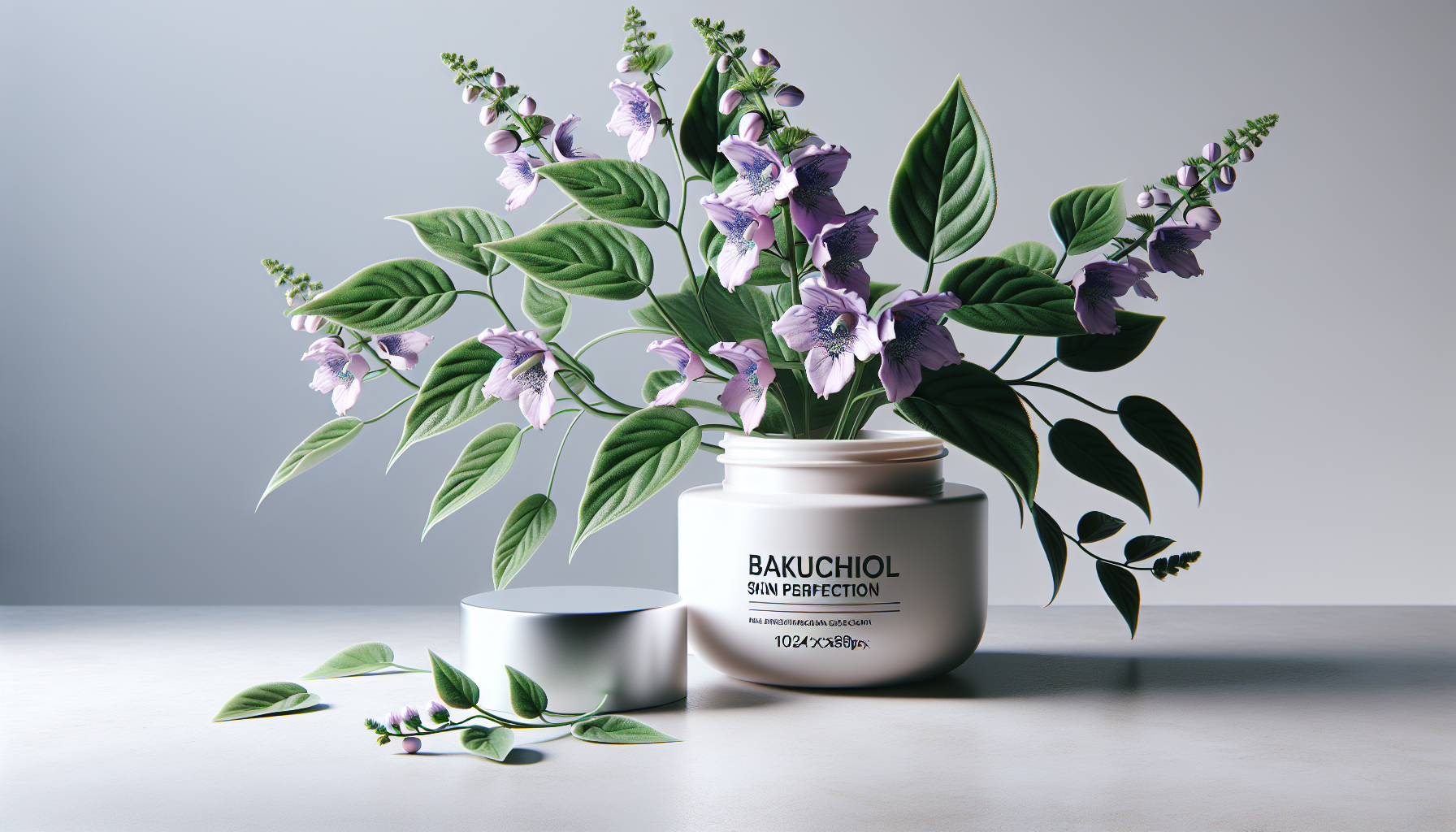 Planta de bakuchiol junto a bote de crema.