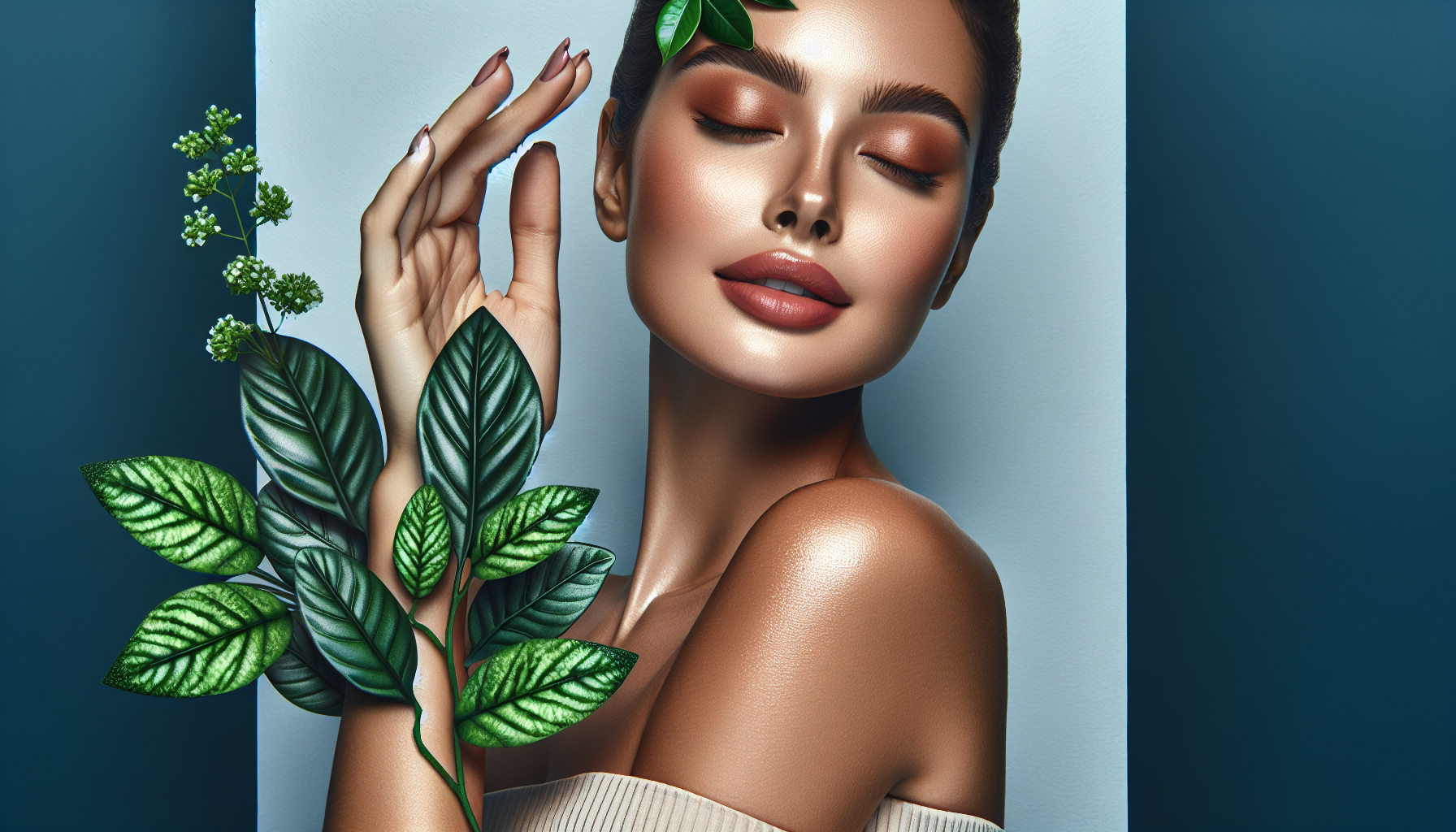 Mujer tocando su rostro con expresión satisfecha.