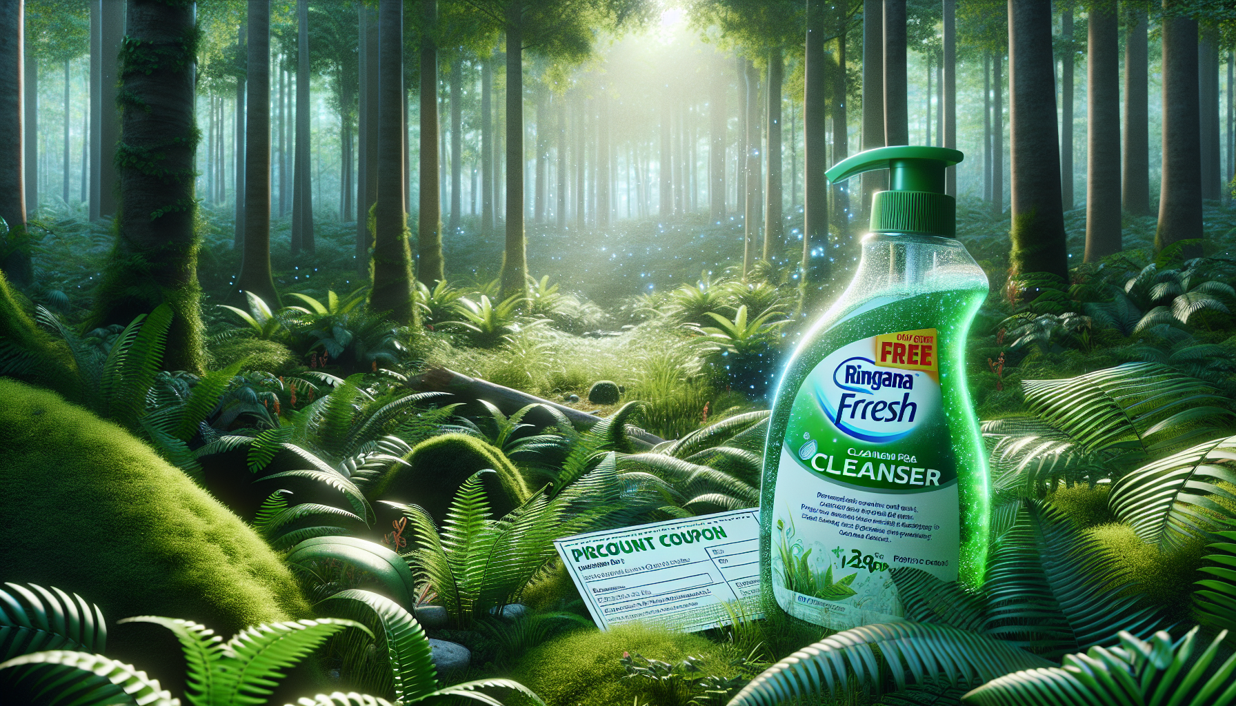 Aparece un cupón descuento en un bosque limpio y verde como si una toalla limpiadora hubiera pasado por el bosque.