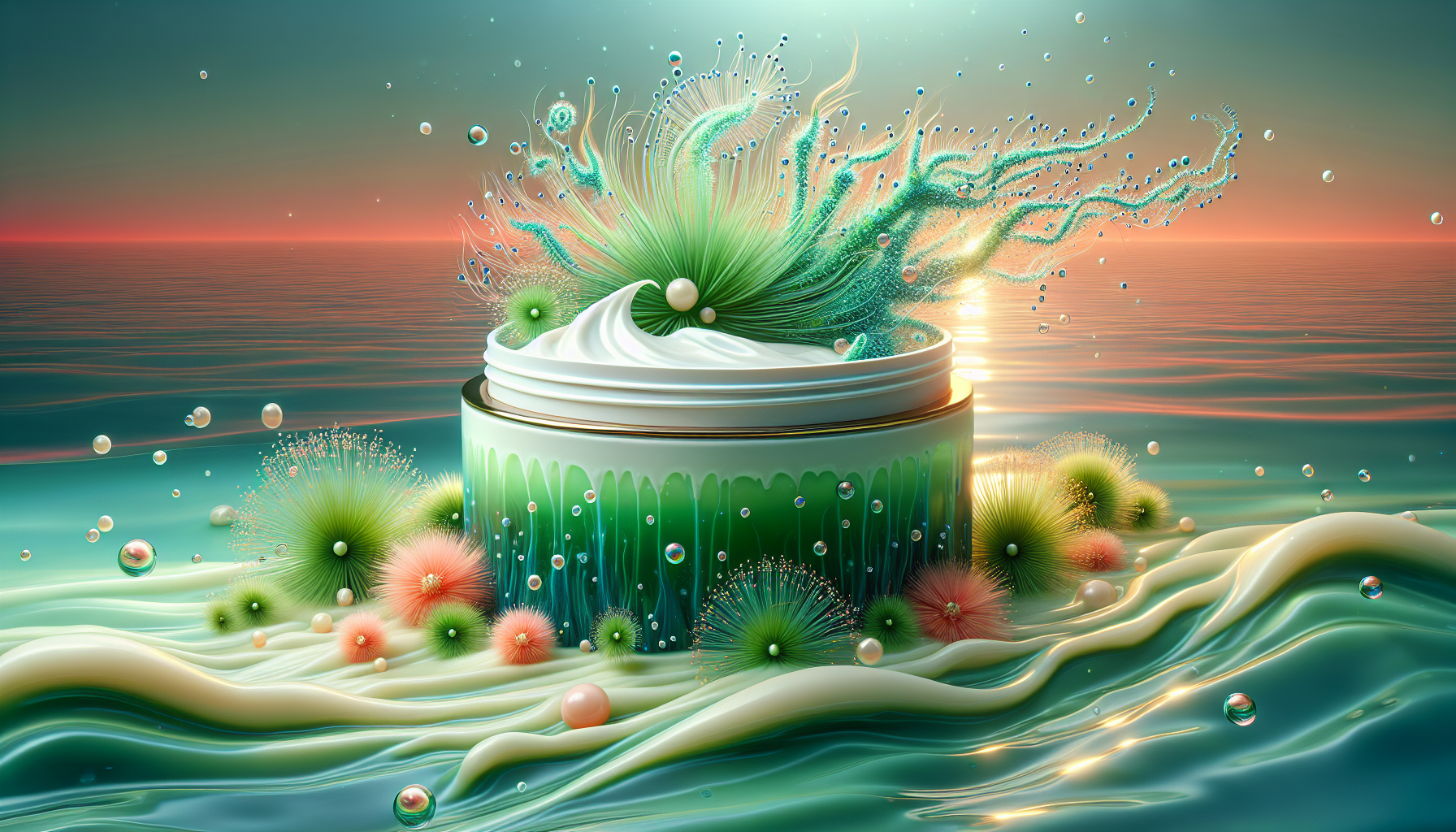 Fitoplancton ilustrado sobre mar y crema.