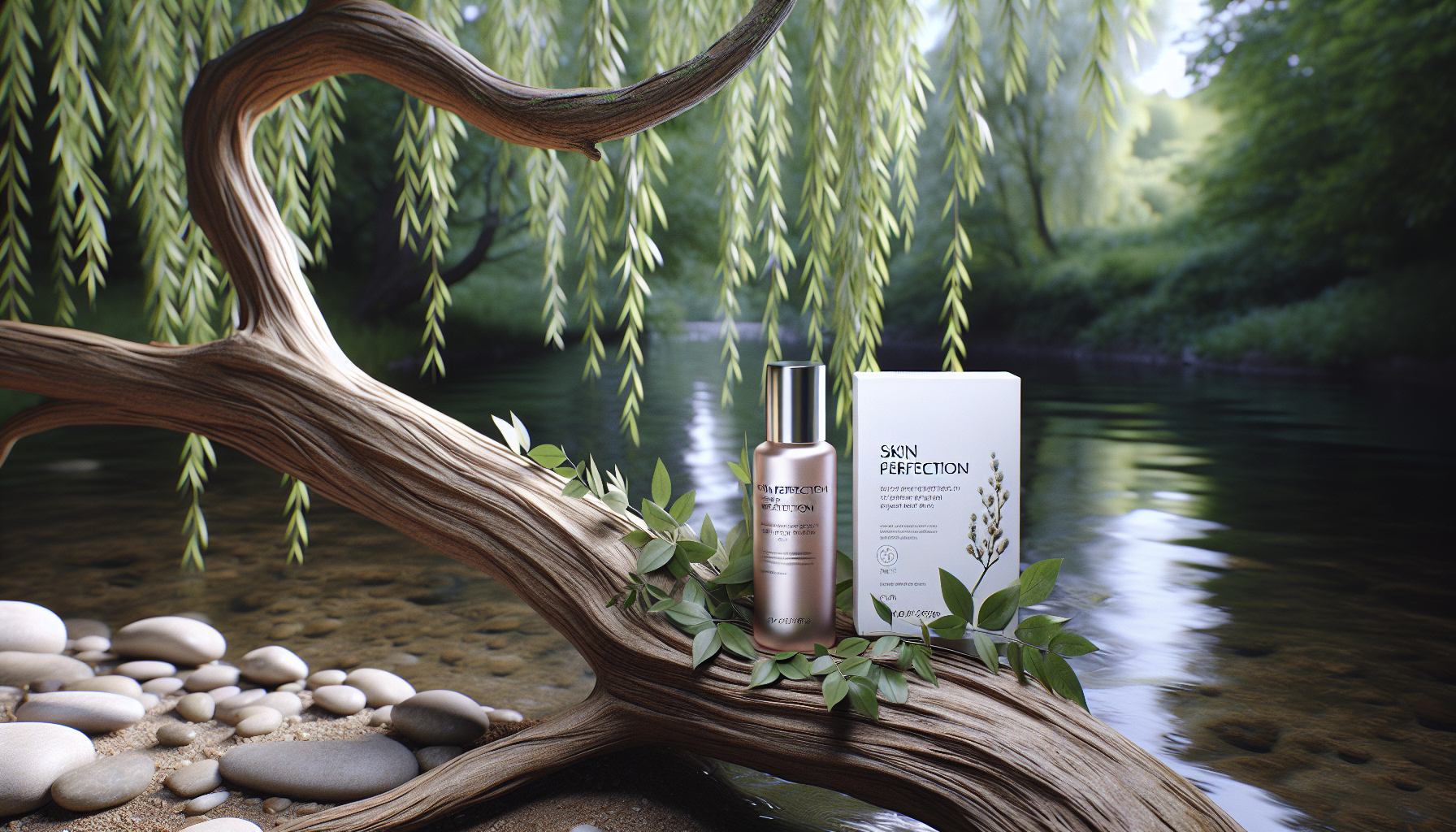 Rama de sauce junto a producto Skin Perfection.