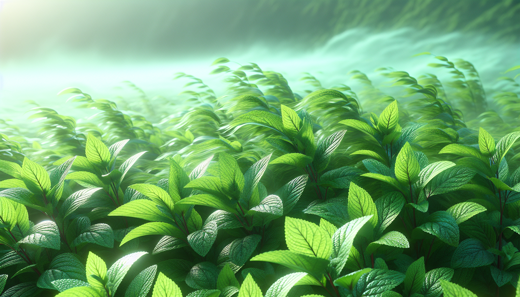 Ramas de menta pépita agitadas por viento templado
