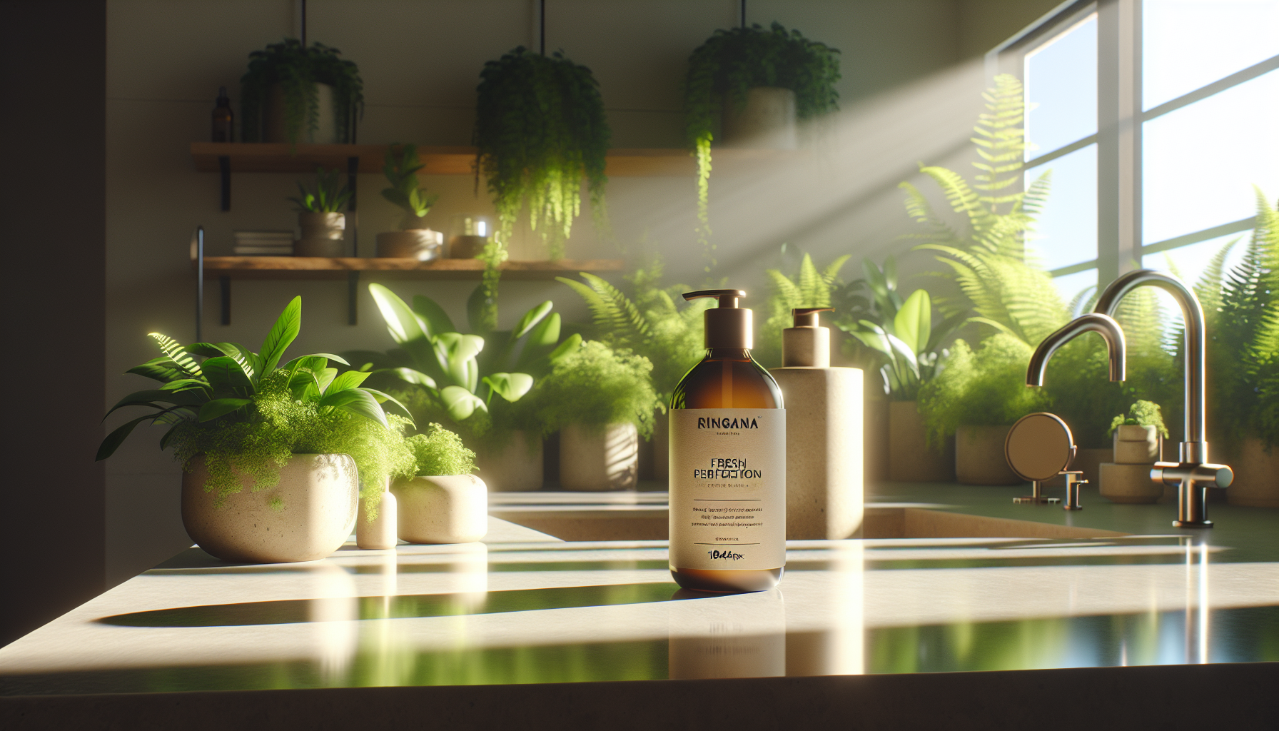 Producto RINGANA Fresh Skin Perfection junto a plantas verdes.
