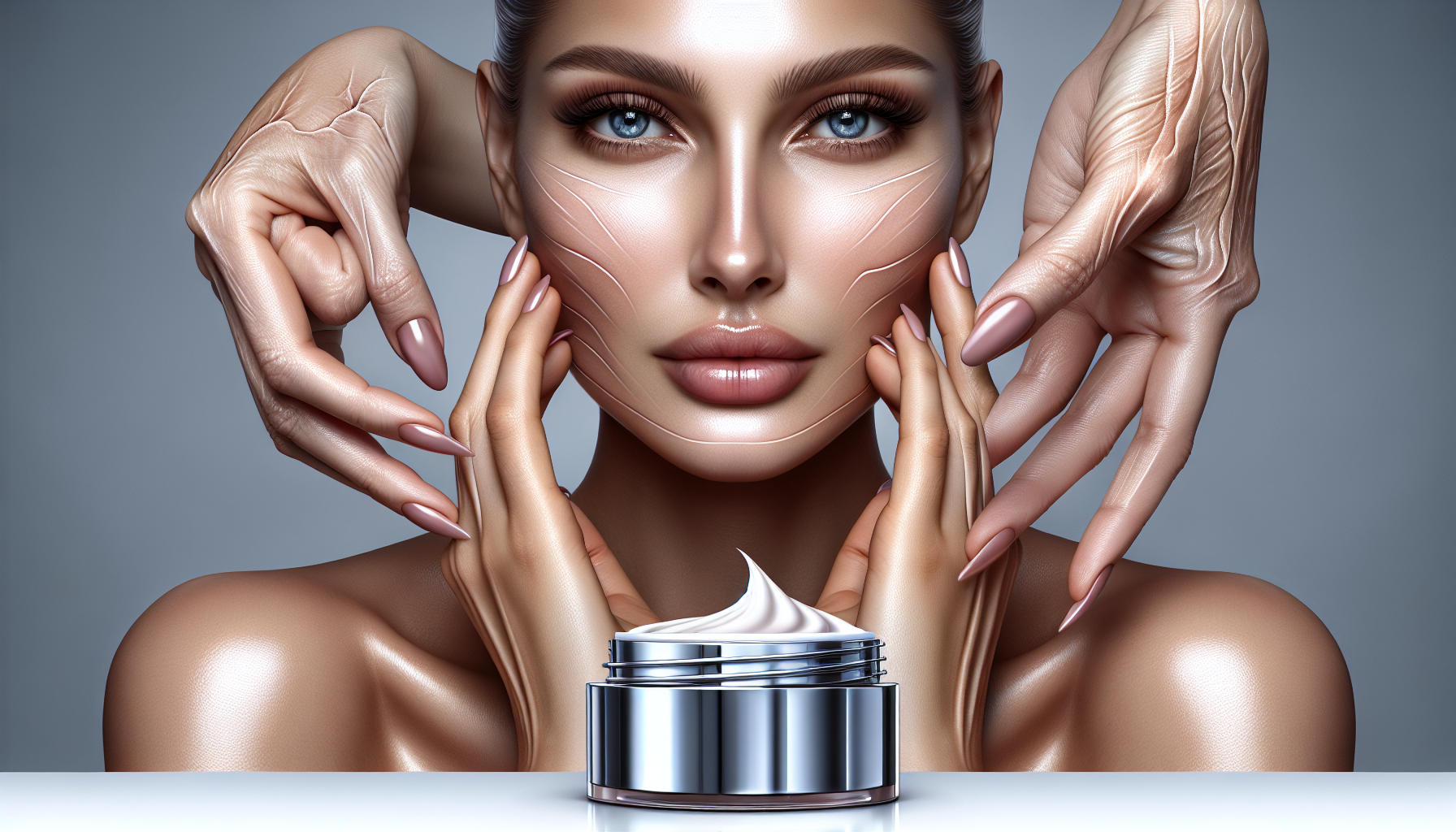 Primer plano de piel sin arrugas y crema.