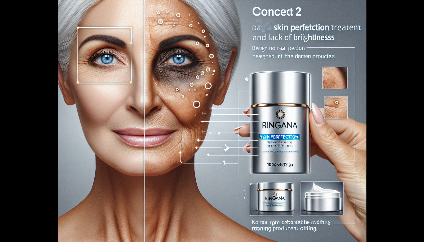 Rostro maduro con manchas y crema Skin Perfection iluminando.