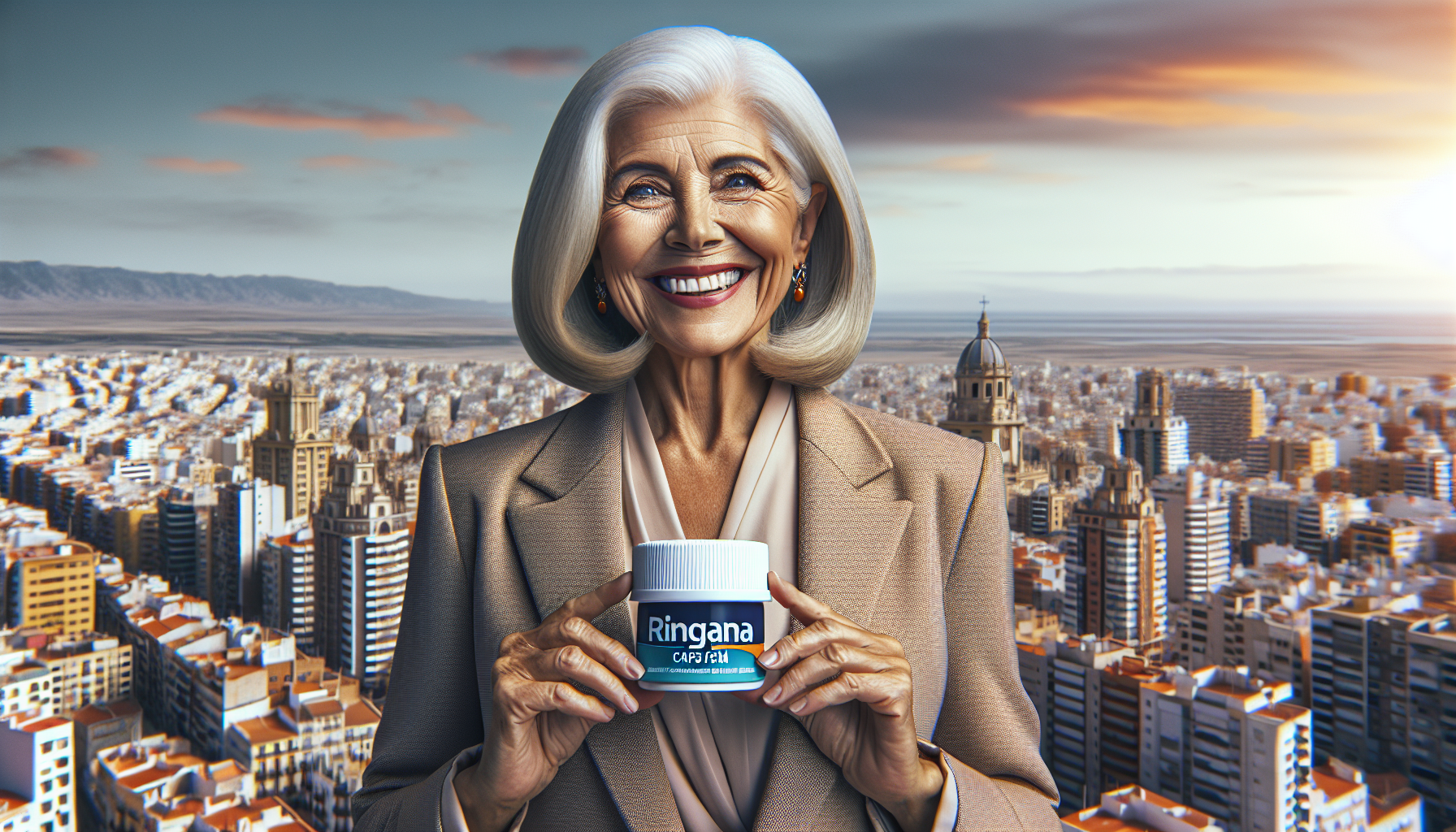 Mujer abuela empresaria sonriente en una ciudad como Murcia.