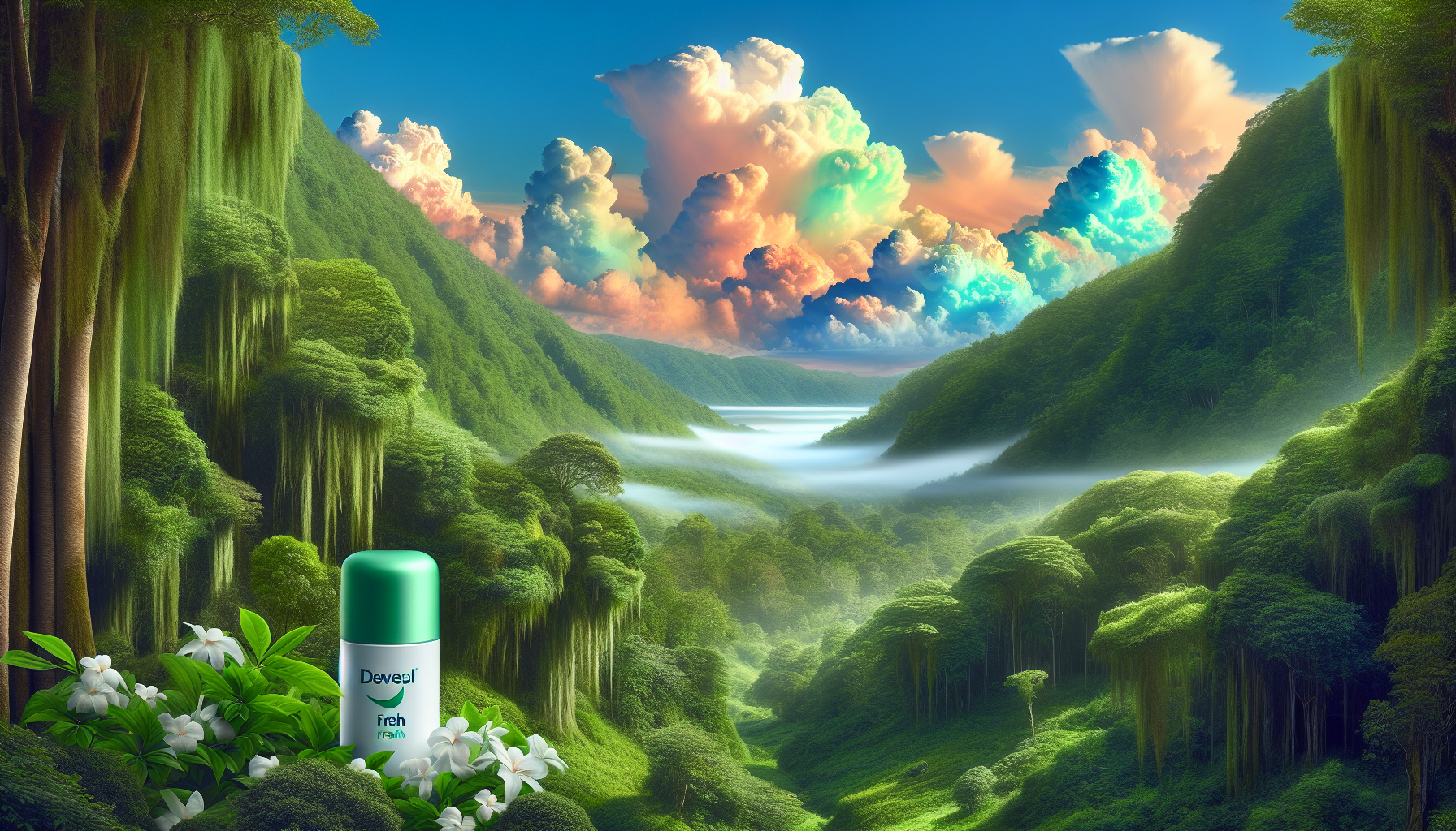 Bosque verde con nubes de colores preciosos.