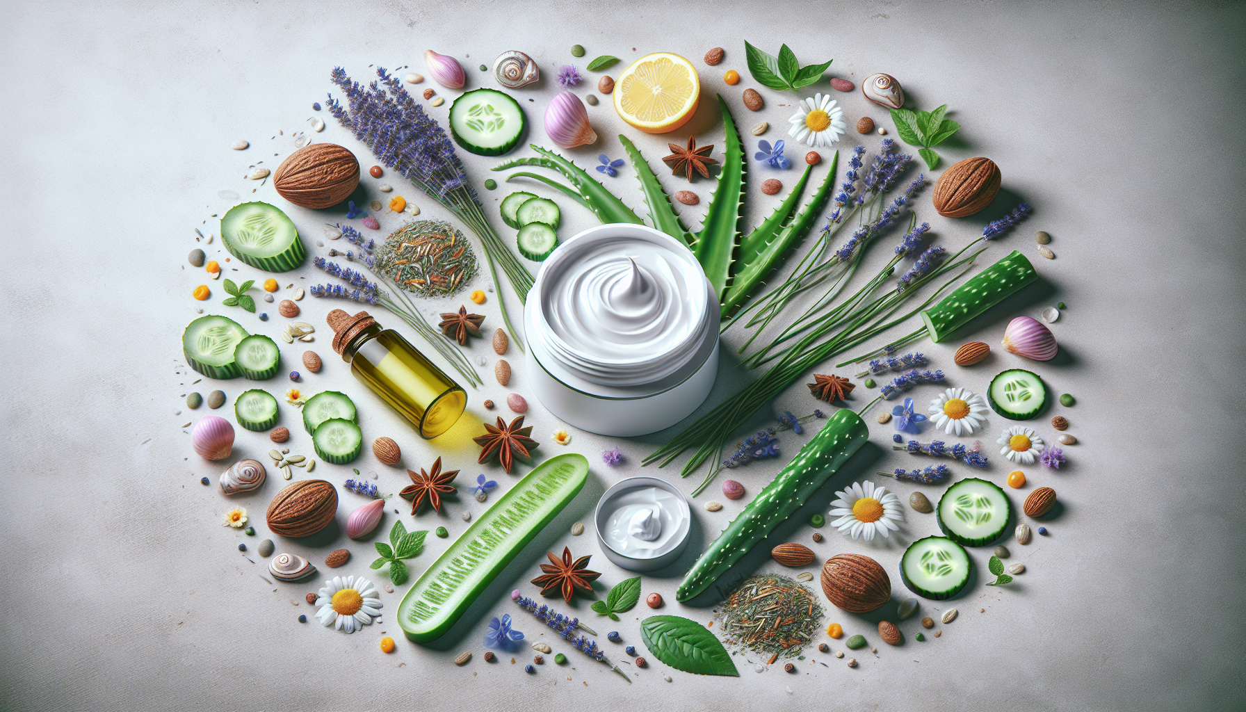 Ingredientes vegetales junto al envase de crema.