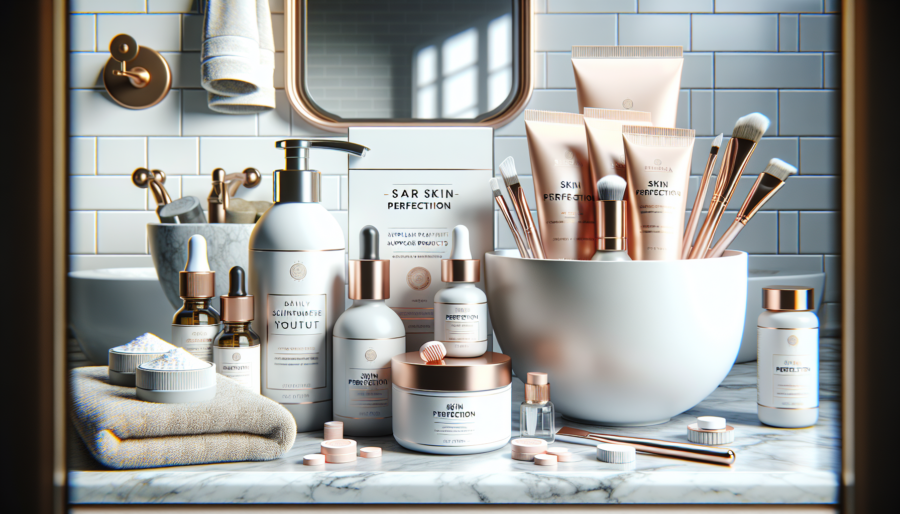 Rutina facial con varios productos y Skin Perfection.