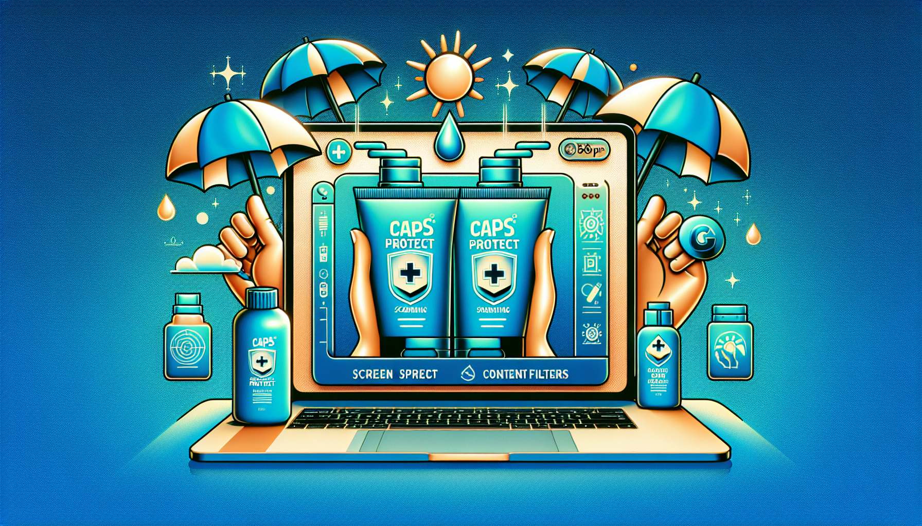 Composición con 3 botes de CAPS protect, destacando la protección contra pantallas y sol.