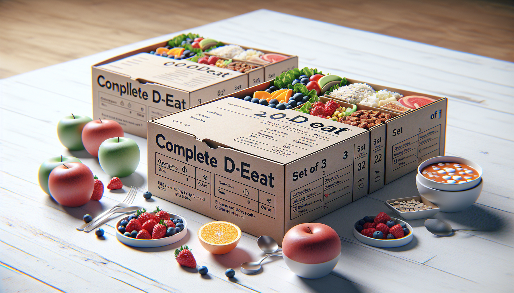 Tres cajas de COMPLETE d-eat dispuestas juntas, ideal para planificar tus comidas saludables.