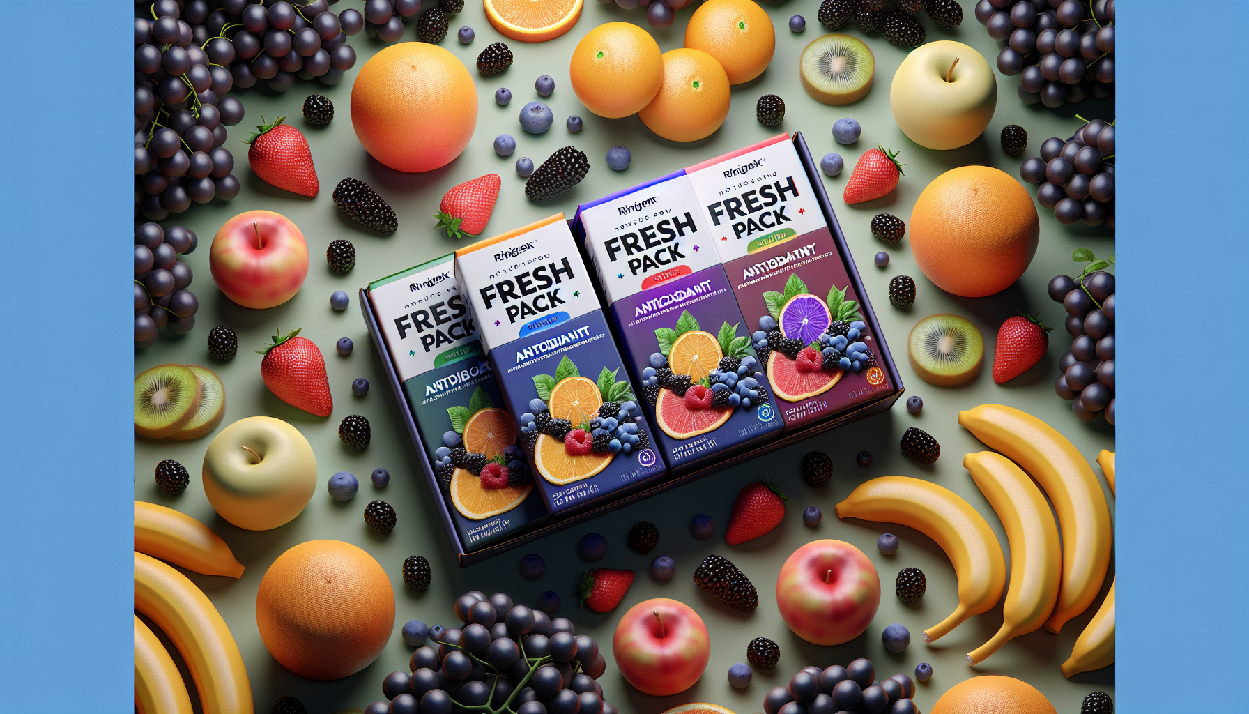 Composición con 3 cajas de FRESH pack antiox rodeadas de frutas antioxidantes.