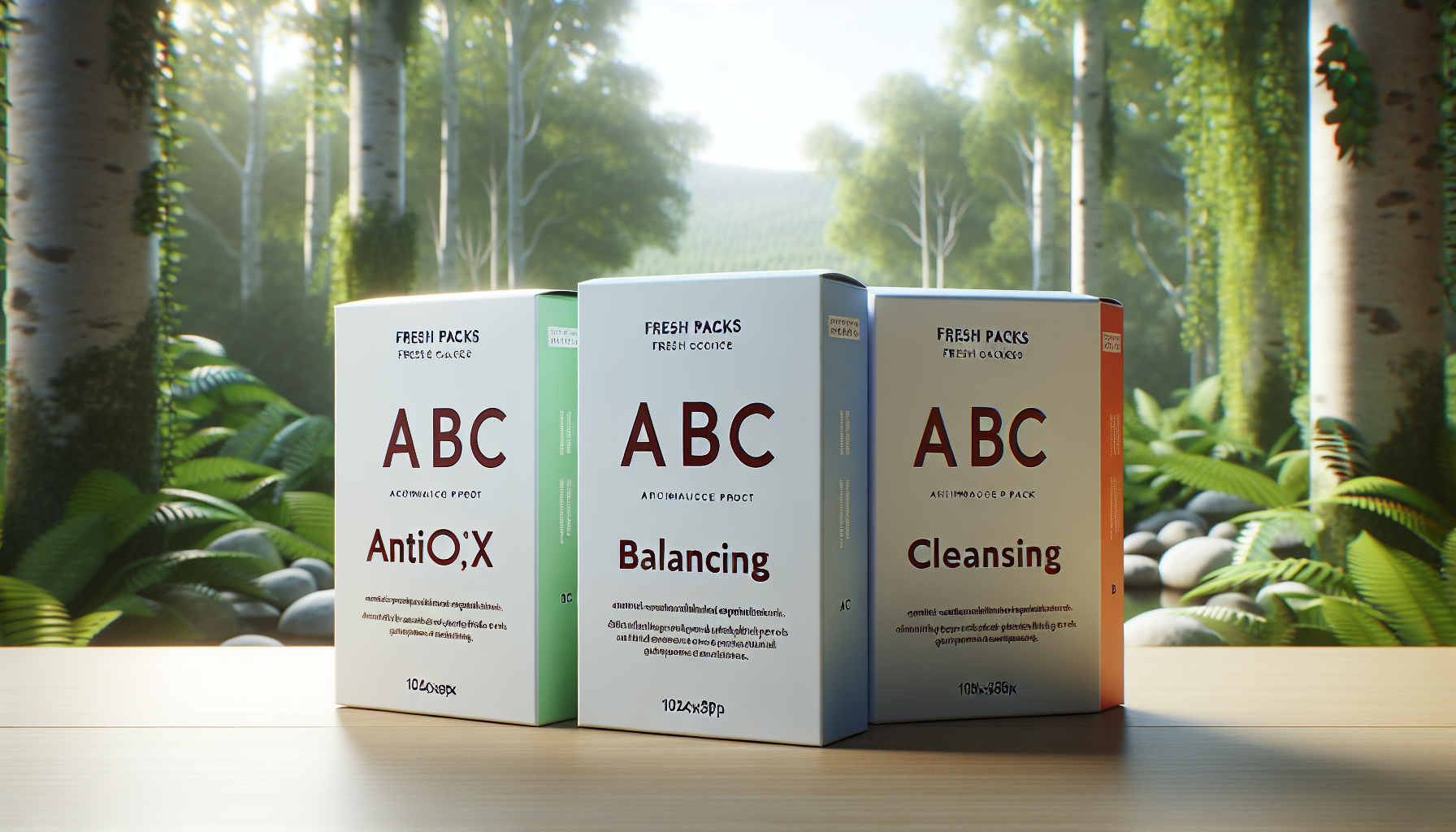 Set completo de 3 cajas FRESH packs ABC (Antiox, Balancing, Cleansing) sobre fondo natural.