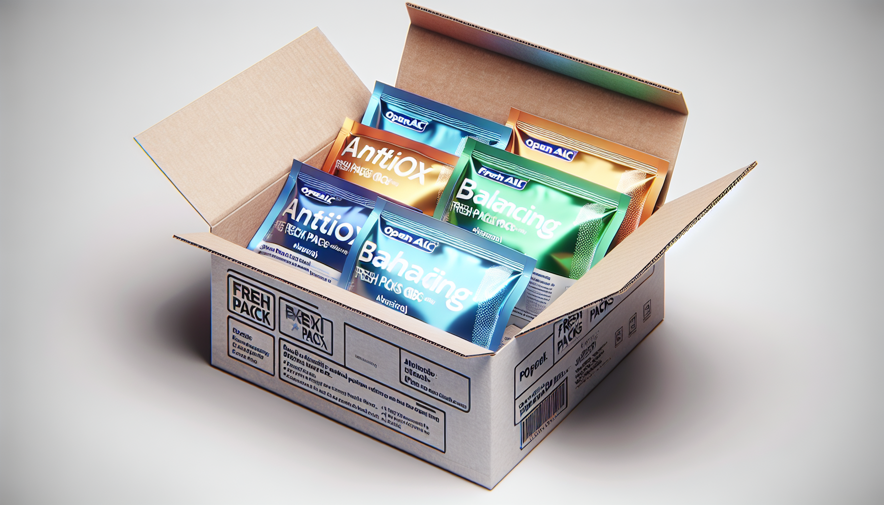 Caja abierta mostrando los tres tipos de sobres: Antiox, Balancing y Cleansing del FRESH packs ABC.