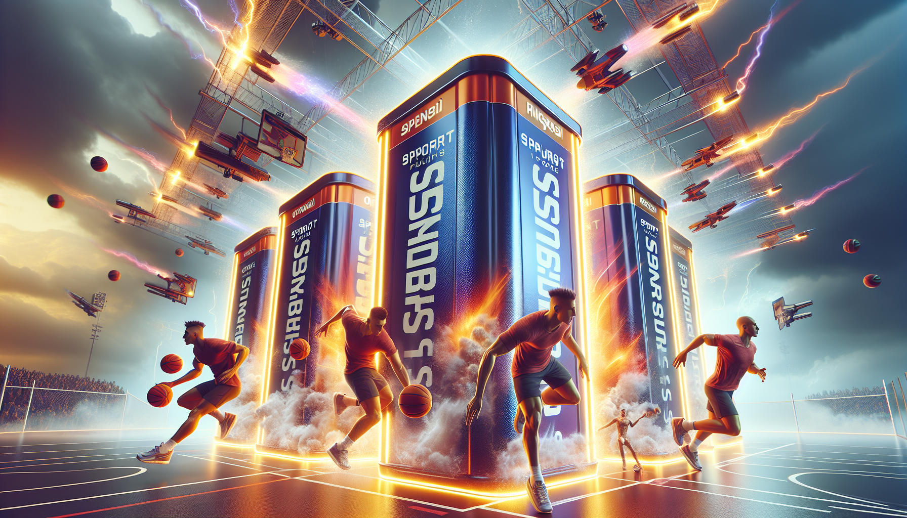 Set de 3 envases de SPORT push sobre fondo dinámico, sugiriendo energía y deporte.